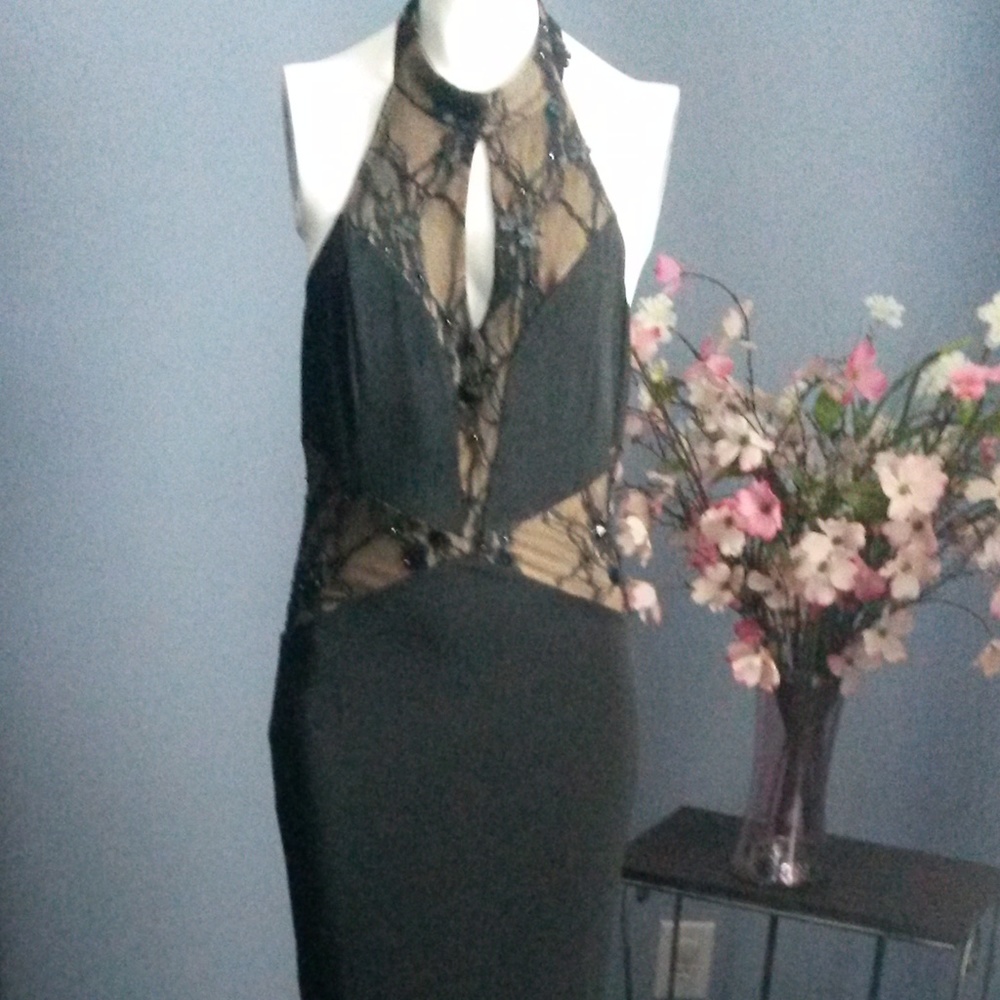 Black and Gold Backless Floor Length Dress
